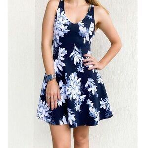 Abercrombie & Fitch Scuba Fit and Flare Blue White Floral Pattern Dress